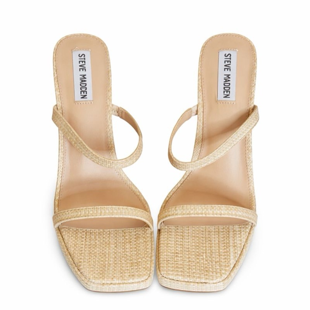 STEVE MADDEN Beige Strappy Heels|Natural‎ Raffia Block Heels 4”